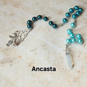 Ancasta prayer beads, Goddess prayer beads, hand-wired, beautiful beads, silver-toned charms, Goddess, Celtic, pagan, witch