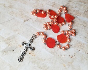 Lutheran prayer beads, Lutheran rosary, stainless steel, hand-wired, orange glass pearls, orange sea glass, budded crucifix, tangerine color