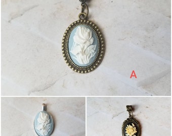 Rose cameo pendant, rose cameo necklace, white rose cameo, Goth cameo necklace, blue rose cameo pendant, floral cameo pendant, cameo jewelry