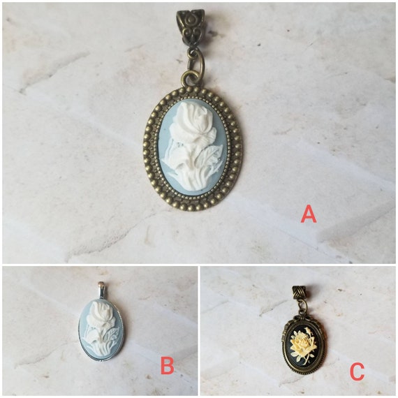 Rose cameo pendant, rose cameo necklace, white rose cameo, Goth cameo necklace, blue rose cameo pendant, floral cameo pendant, cameo jewelry