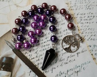 Lammas prayer beads, pagan prayer beads, Lughnasadh prayer beads, stainless steel, glass pearls, blue Goldstone, tree of life charm, acorn