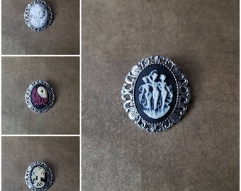 Cameo brooch or pendant, Three Graces cameo, skull and roses cameo, Lolita skeleton cameo, beautiful lady cameo, silver-toned bezel
