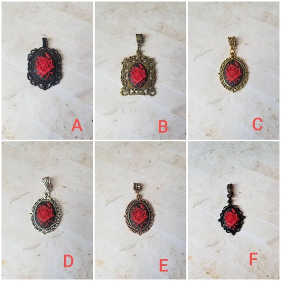 Rose cameo pendant, rose cameo necklace, red rose cameo, Goth cameo necklace, red rose cameo pendant, floral cameo pendant, cameo jewelry