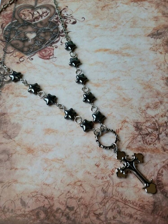 Cross day collar, Hematite beads, discreet day collar, symbolic jewelry, BDSM collar, submissive collar, silver, gunmetal, stainless cross