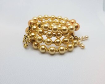 Lutheran rosary bracelet, Lutheran prayer bracelet, memory wire wrap bracelet, prayer aid, gold, golden yellow  glass pearls, religious