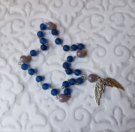 UU Prayer beads, Unitarian universalist prayer beads, stainless steel, hand wired, blue sea glass, gray Malay Jade, silver toned wing charms