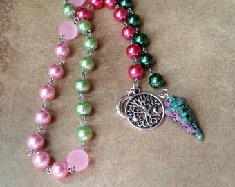 Imbolc prayer beads,pagan prayer beads, witches prayer beads, stainless steel, glass pearls, Sea glass, Ruby pendulum, tree of life charm