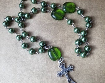 Orthodox prayer beads, Orthodox Chotki, green glass pearls, green glass beads, plain  cross, silver toned, Orthodox Chotki, Komboskini
