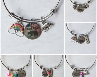 Mama Bear pride bracelet, LGBT pride bangle, expandable bangle, charm bangle, rainbow bangle, silver-toned, stainless steel, rainbow bangle