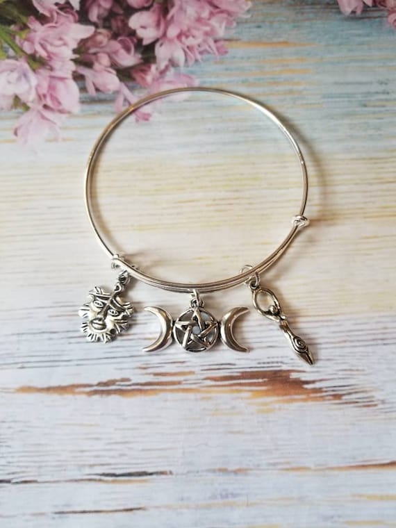 Triple Goddess bracelet, Green Man bangle, Goddess bangle, silver expandable bangle, Pagan bracelet, Wiccan bangle, charm bracelet
