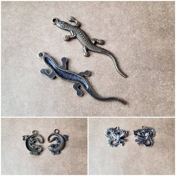 Destash charms, lizard or Chinese dragon charms, choice of three, bronze and silver, destash lizard charms, destash dragon charms