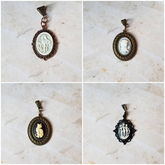 Cameo pendant, cameo necklace, Three Graces cameo pendant, unicorn cameo pendant, girl with pearls cameo pendant, cat cameo pendant
