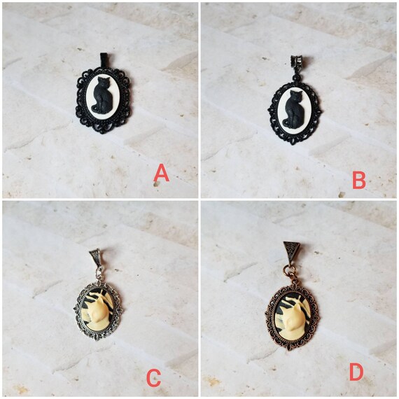 Cat cameo pendant, cat cameo necklace, black cat cameo, kitty cameo necklace, black kitty necklace, cat jewelry, Witches familiar cameo