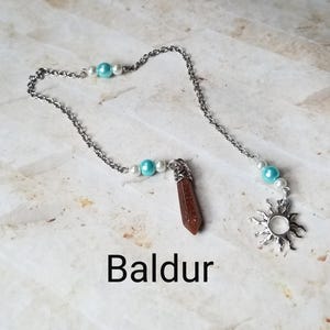 Baldur pendulum, God pendulums, divination, dowsing pendulum, beaded pendulum, gemstone pendulum, stainless steel chain, Gods, pagan