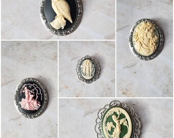 Cameo brooch, silver-toned brooch pins, cameo pin, Owl cameo, Goddess cameo, Three Graces cameo, lady with butterfly cameo, choice of five