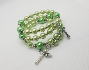 Lutheran rosary bracelet, Lutheran prayer bracelet, memory wire wrap bracelet, prayer aid, silver, green glass pearls, religious