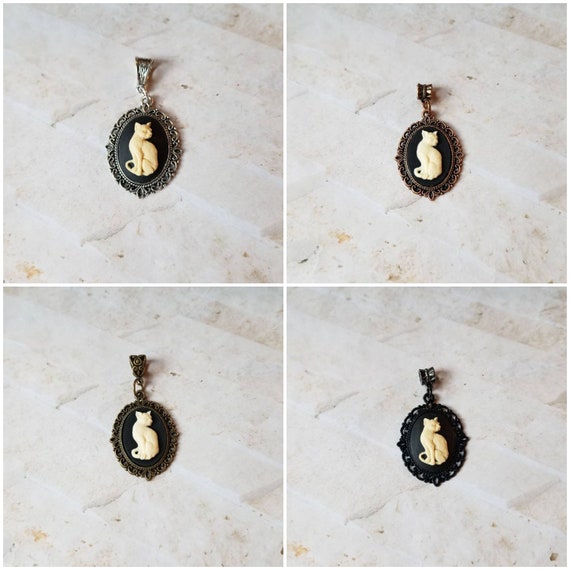 Cat cameo pendant, cat cameo necklace, ivory cameo, kitty cameo necklace, black kitty necklace, cat jewelry, Witches familiar cameo