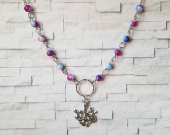 Cimaruta necklace, Cimaruta jewelry, Italian witches amulet, stainless steel pins, purple tie dye glass beads, silver toned hammered O rings