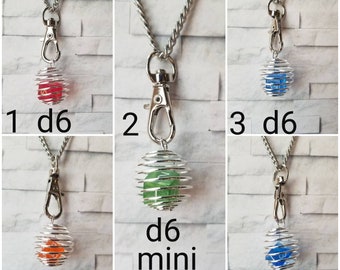Captive dice jewelry, removable d6 necklace, dice jail necklace, dnd dice jewelry, spiral wire cage, d8 pendant, caged necklace, d6 and d8
