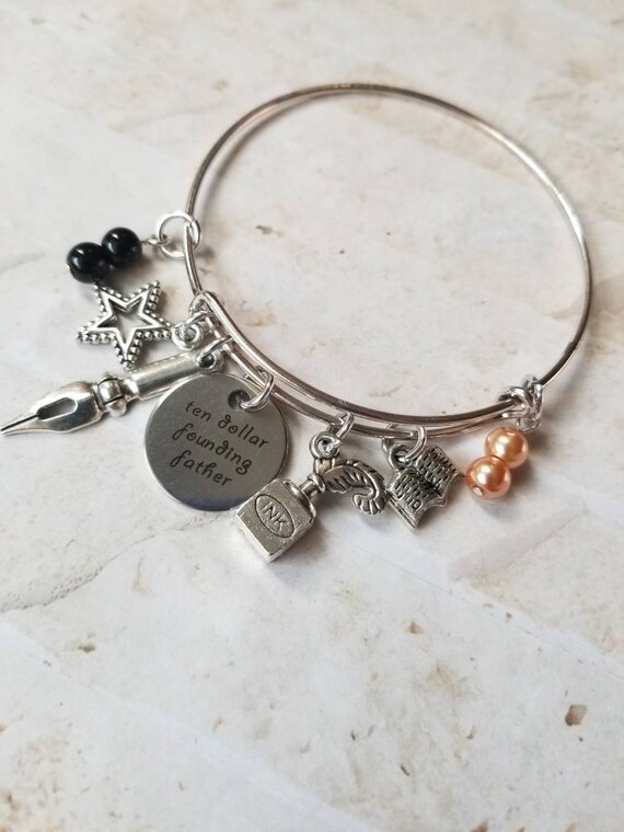 Hamilton bracelet, Hamilton charm bangle, silver metal bangle, expandable bangle, charm bracelet, Hamilton charm bangle, Hamilton quote