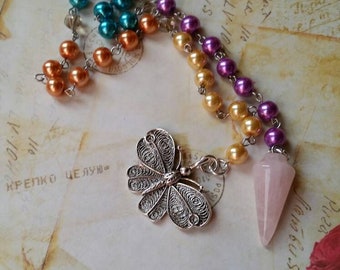 Mabon prayer beads, pagan prayer beads, Mabon witches prayer beads, stainless steel, glass pearls, Rose Quartz pendulum, butterfly charm