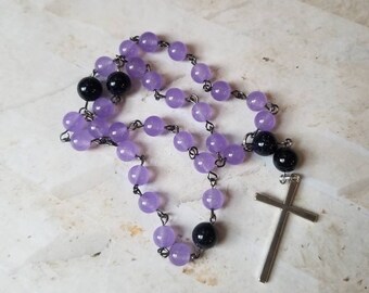 Anglican prayer beads, Episcopal, Methodist, Protestant rosary, Amethyst beads, Blue Goldstone beads,  silver metal cross, gunmetal pins