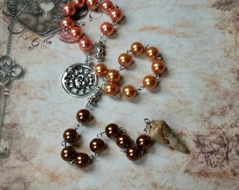Lammas prayer beads, pagan prayer beads, Lughnasadh prayer beads, stainless steel, glass pearls, Picture Jasper, sun and moon charm, harvest