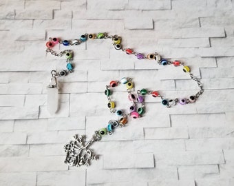 Cimaruta witches ladder, Italian witches amulet, Streagheria amulet, folk magick amulet, multicolored evil eye  beads, milk quartz pendulum