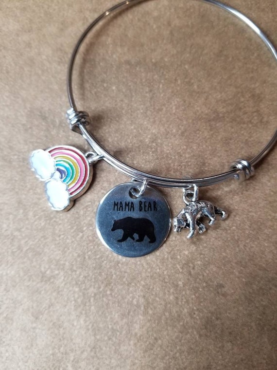 Mama Bear pride bracelet, LGBT pride bangle, expandable bangle, charm bangle, rainbow bangle, silver-toned, stainless steel