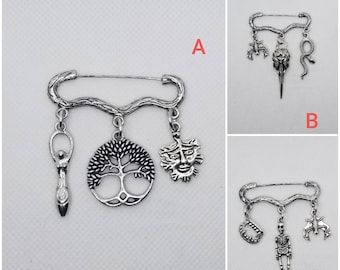 Goth brooch pin, Pagan jewelry,   three charm pin, Spooky jewelry,  Goddess pin, Raven skull pin, cosplay jewelry, Goth jewelry, silver pin