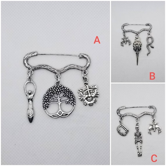 Goth brooch pin, Pagan jewelry, three charm pin, Spooky jewelry, Goddess pin, Raven skull pin, cosplay jewelry, Goth jewelry, silver pin