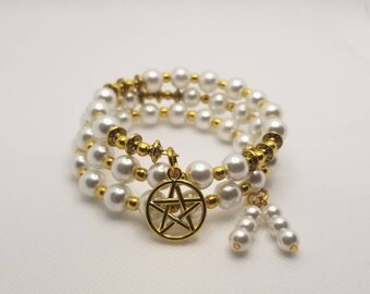 Witches ladder bracelet, memory wire bracelet, beaded bracelet, wrap bracelet, multi-loop bracelet, gold and white, Pagan jewelry, pentagram