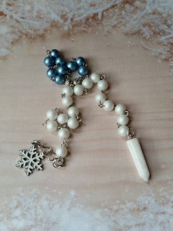 Pagan prayer beads, Winter prayer beads, stainless steel, Ice and snow prayer beads, satin matte beads, gemstone pendulum, snowflake charm