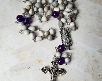 Catholic Job's Tears rosary, five decade rosary, rosary, stainless steel, Amethyst beads, Our Lady of Guadalupe center, detailed crucifix
