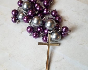 Anglican prayer beads, Methodist rosary, Episcopal rosary, Protestant prayer beads,  purple and gray glass pearls, stainless steel