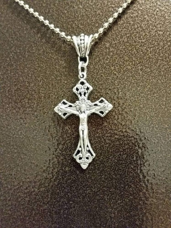 Necklace, crucifix, pendant, Italian-made silver toned crucifix, blue highlights, fancy bail, and silver toned chain, religious