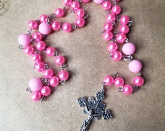 Lutheran prayer beads, Lutheran rosary, hot pink glass pearls, pink rubberized beads, detailed crucifix, silver toned, hand-wired, OOAK