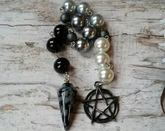 Samhain prayer beads, pagan prayer beads, witches prayer beads, stainless steel, moon phase prayer beads, glass pearls, Snowflake Obsidian