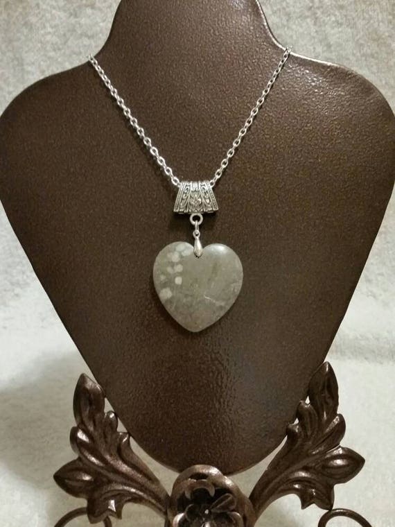 Gray fossil stone pendant, fossil heart necklace, polished gemstone necklace, fossil jewelry, OOAK jewelry gift, gray polished heart