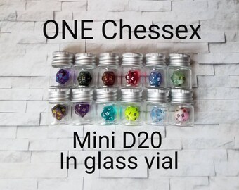 One Chessex mini d20 in glass bottle, extra 10mm d20 dnd dice, mini d20, mini polyhedral dice, D and D dice, 10mm d20s, 10mm d20 in vial