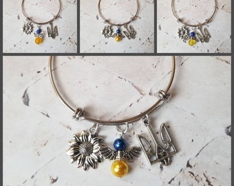 Support Ukraine bangle, solidarity bracelet, Ukrainian flag colors, Ukrainian sunflower bangle, stainless steel bangle, Tryzub bangle, angel