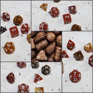 Chocolate-inspired 16mm dice sets, candy dnd dice sets, themed hand picked dnd dice, curated set, polyhedral dice, RPG dice, D and D dice