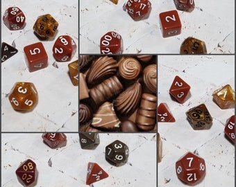 Chocolate-inspired 16mm dice sets, candy dnd dice sets, themed hand picked dnd dice, curated set, polyhedral dice, RPG dice, D and D dice