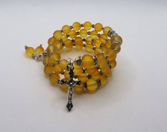 Five decade rosary bracelet, memory wire bracelet, wrap bracelet, yellow gold rubberized frosted  glass beads, religious bracelet, silver