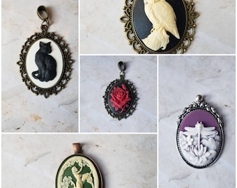 Cameo pendant, cameo necklace, Goddess cameo jewelry, red rose cameo, owl cameo pendant, dragonfly cameo pendant, black cat cameo, Demeter