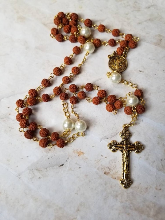 Rosary, Rudraksha seed, ivory glass pearl,five decade rosary, gold tone, Saint Benedict center, ornate budded crucifix, religious, Catholic