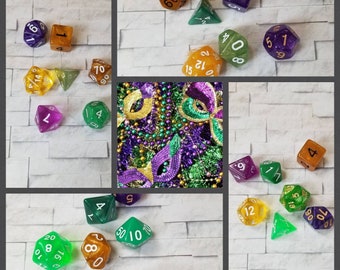 Sets of 7 Mardi Gras 16mm dnd dice, polyhedral gaming dice, DnD dice set, D and D dice, gaming dice, curated sets, Mardi Gras colors