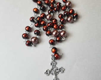 Lutheran prayer beads, religious, red and brown prayer beads or rosary, glass pearls,  pretty silver-toned metal crucifix, hand-wired, OOAK