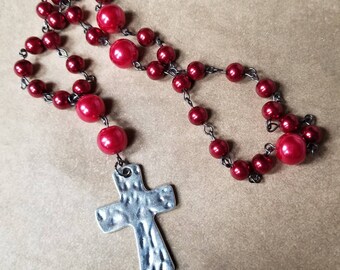 Anglican prayer beads, rosary, Methodist prayer beads, Episcopal rosary, Methodist prayer beads, gunmetal and silver, red glass pearls