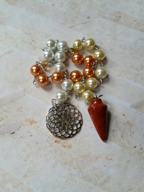 Samhain prayer beads, Samhain witches prayer beads, pagan prayer beads, stainless steel, glass pearls, Red Jasper pendulum, flower of life